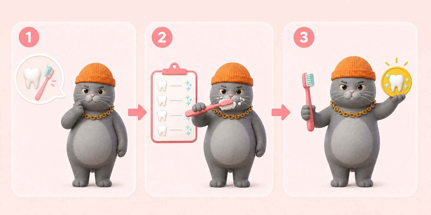Three-step Brush Teeth habit flow: MC BUTTER learns the brushing steps, practices with a toothbrush, and celebrates daily progress with a healthy-tooth reward.