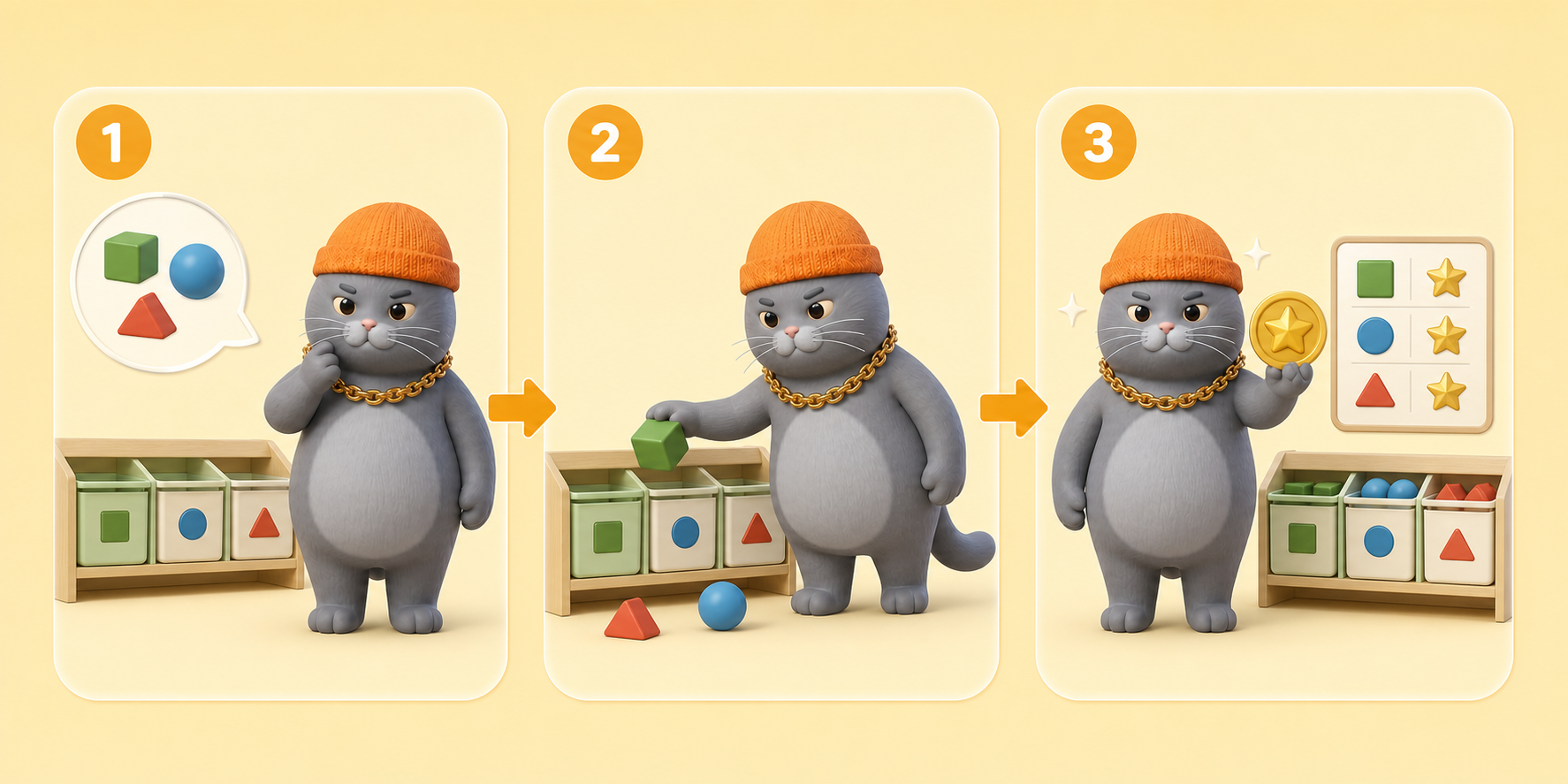 Three-step Clean Up Toys habit flow: MC BUTTER learns where toys belong, completes a small sorting mission, and celebrates responsibility beside neatly stored toys.