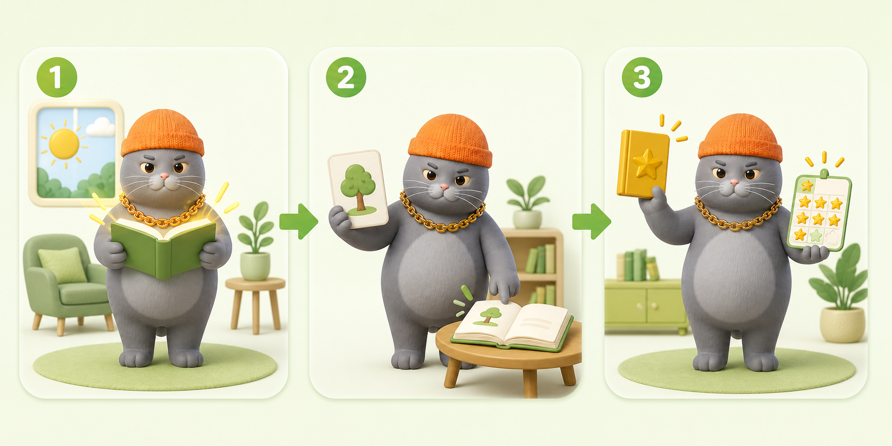 Three-step Reading Habit flow: MC BUTTER gets ready with a book, connects a picture card to the story, and celebrates reading progress with a book reward and star tracker.