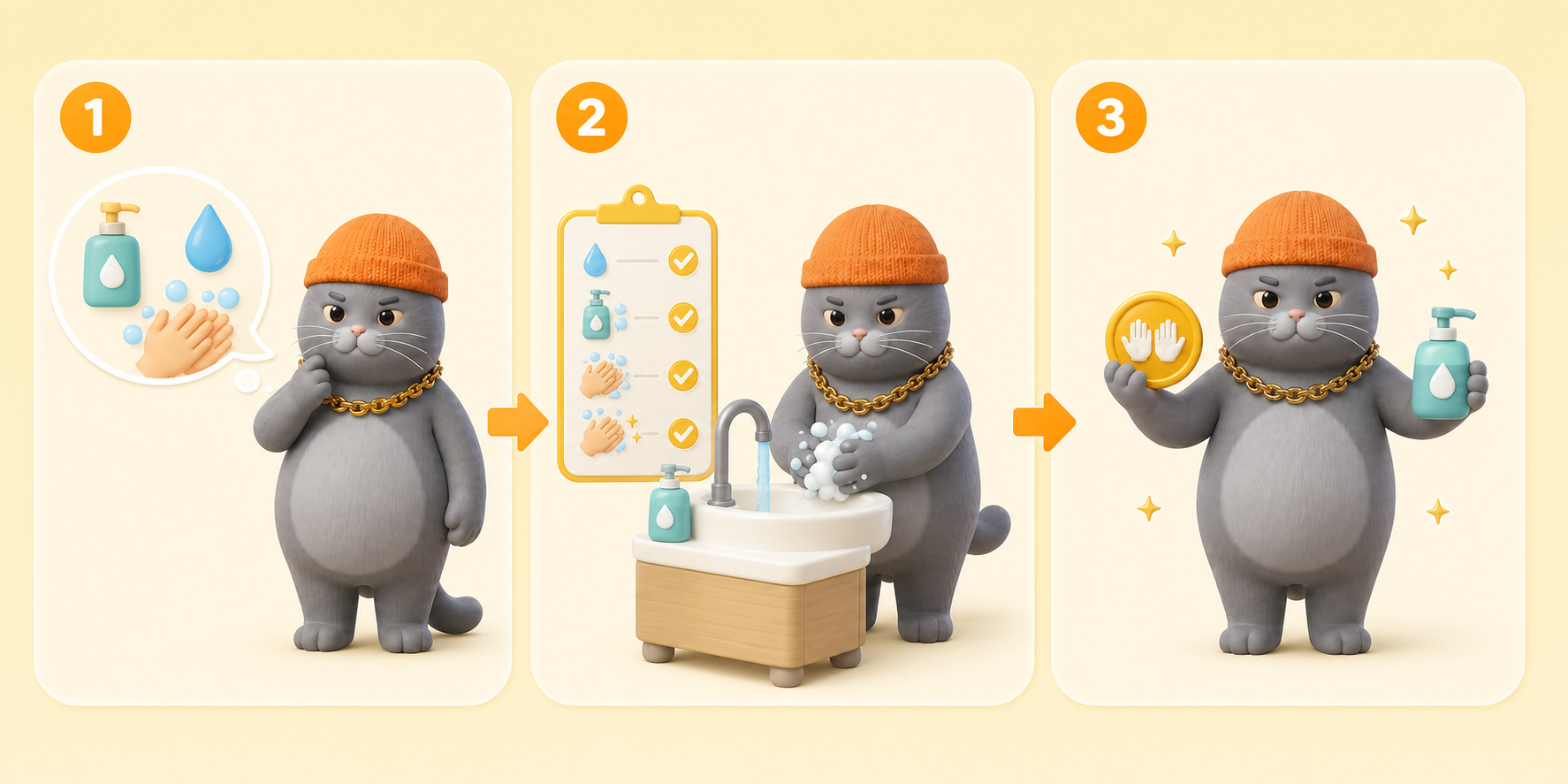 Three-step Wash Hands habit flow: MC BUTTER learns why clean hands matter, follows a soap-and-water reminder, and celebrates repeated practice with a clean-hands reward.