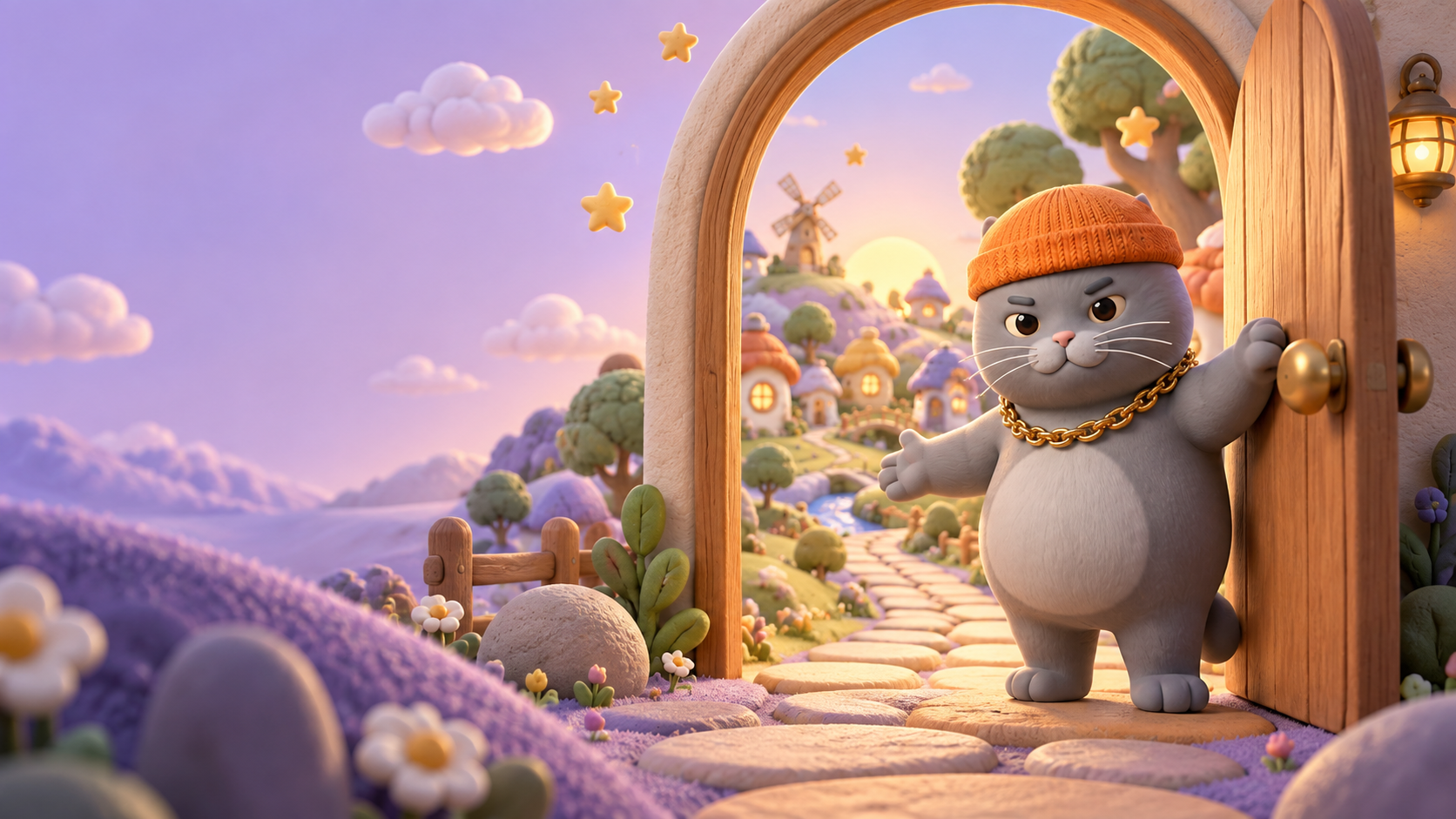 MC BUTTER opens a rounded wooden doorway into a whimsical clay village.