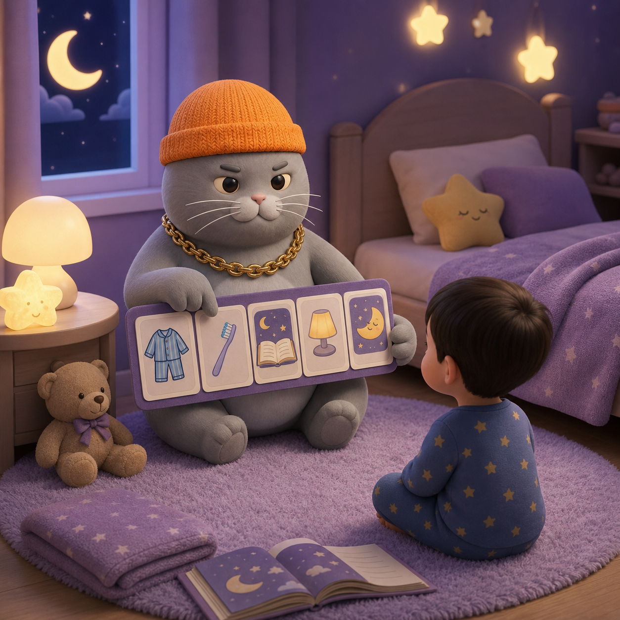 MC BUTTER teaching a child about bedtime routine steps