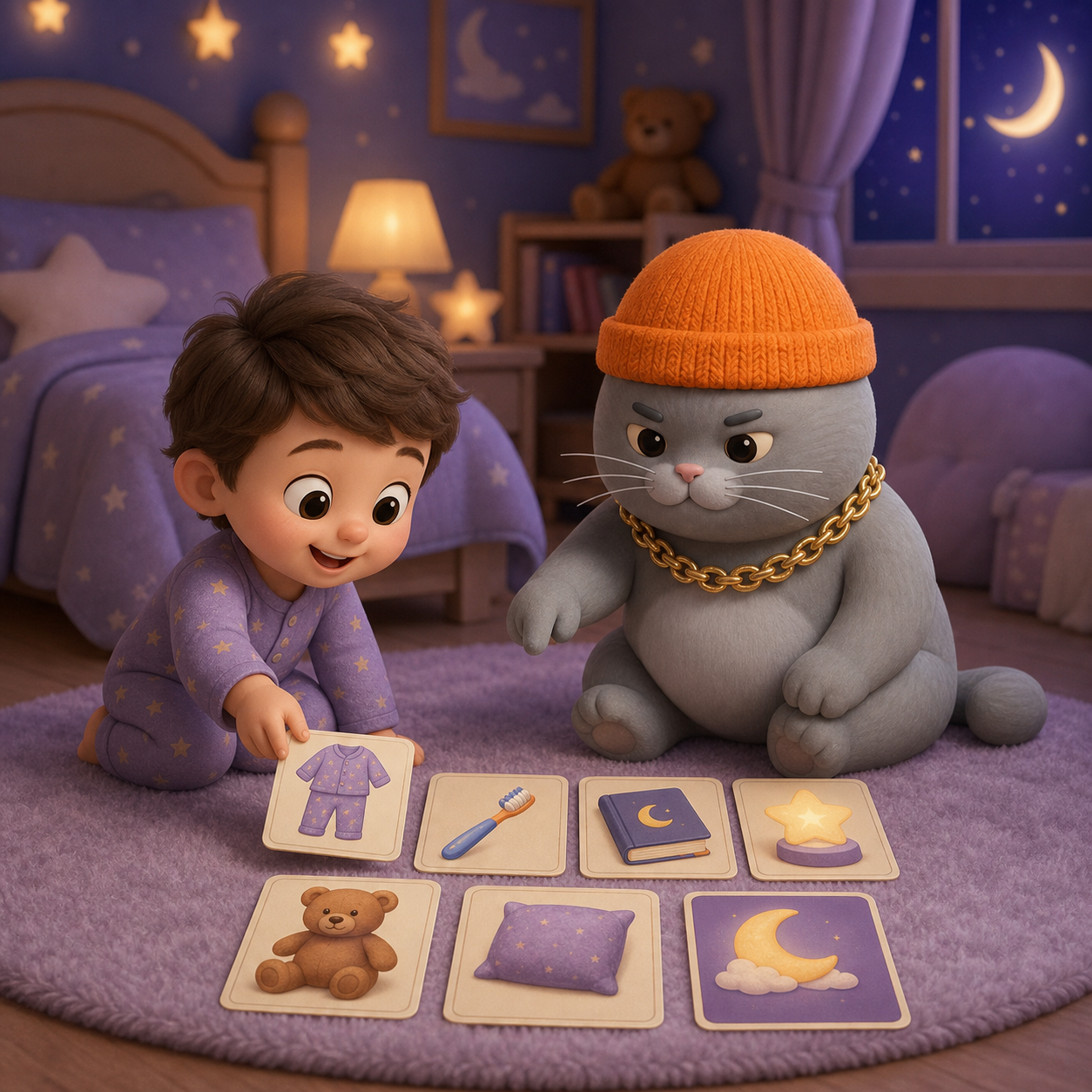 MC BUTTER and a child playing a bedtime matching game