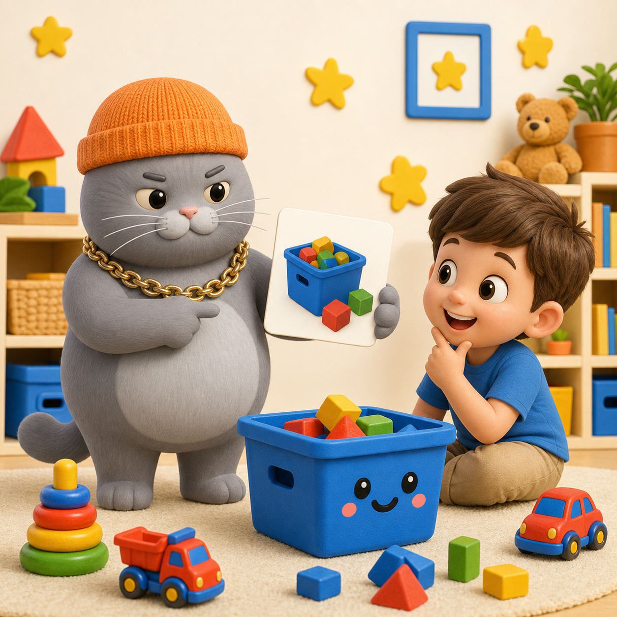 MC BUTTER teaching a child about toy cleanup