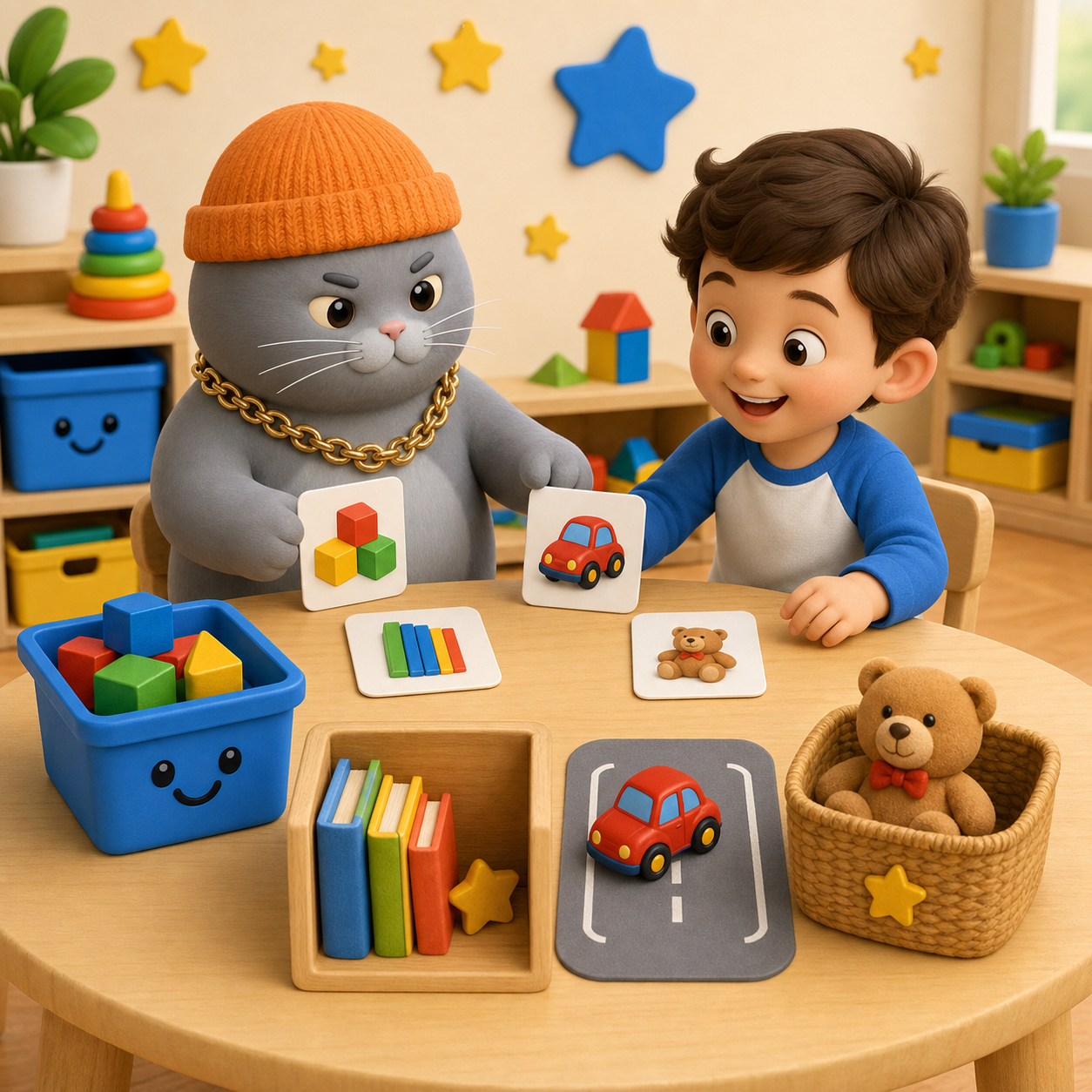 MC BUTTER and a child playing a toy sorting matching game