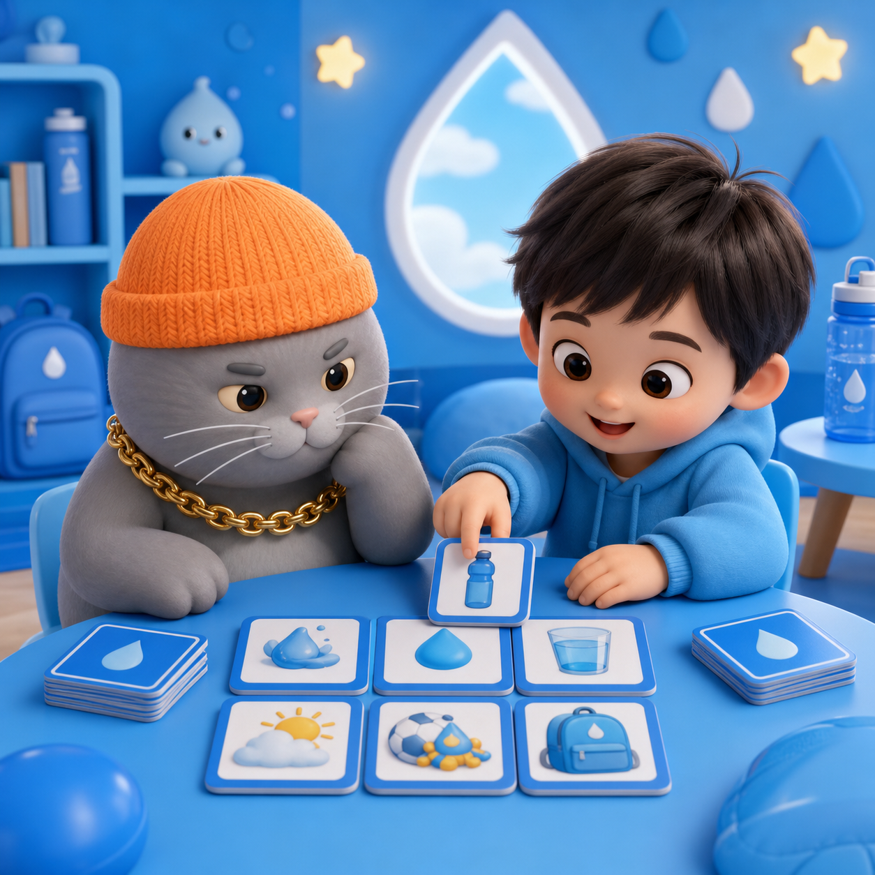 MC BUTTER and a child playing a water matching game
