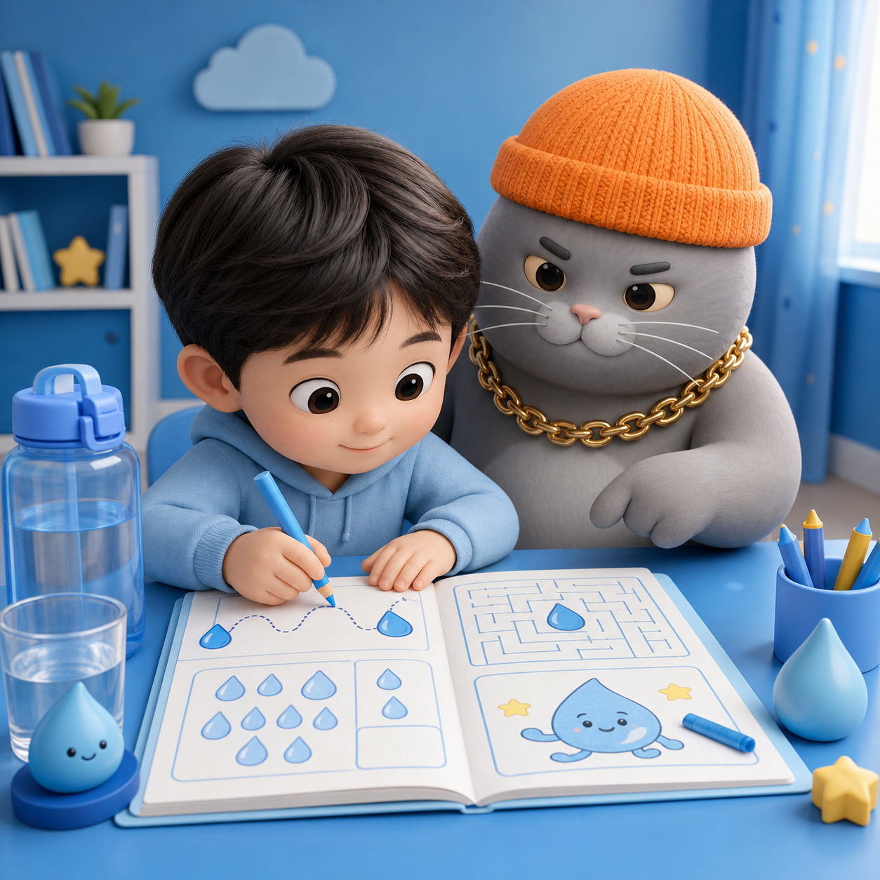 MC BUTTER helping a child practice in a water workbook