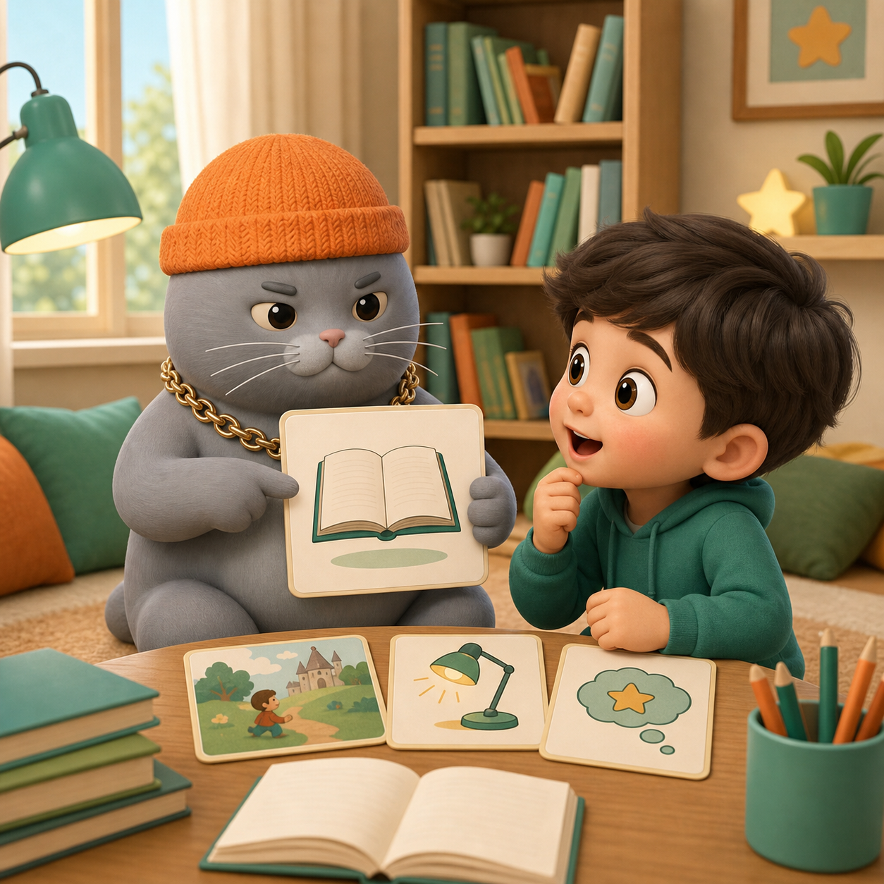 MC BUTTER teaching a child about reading cards
