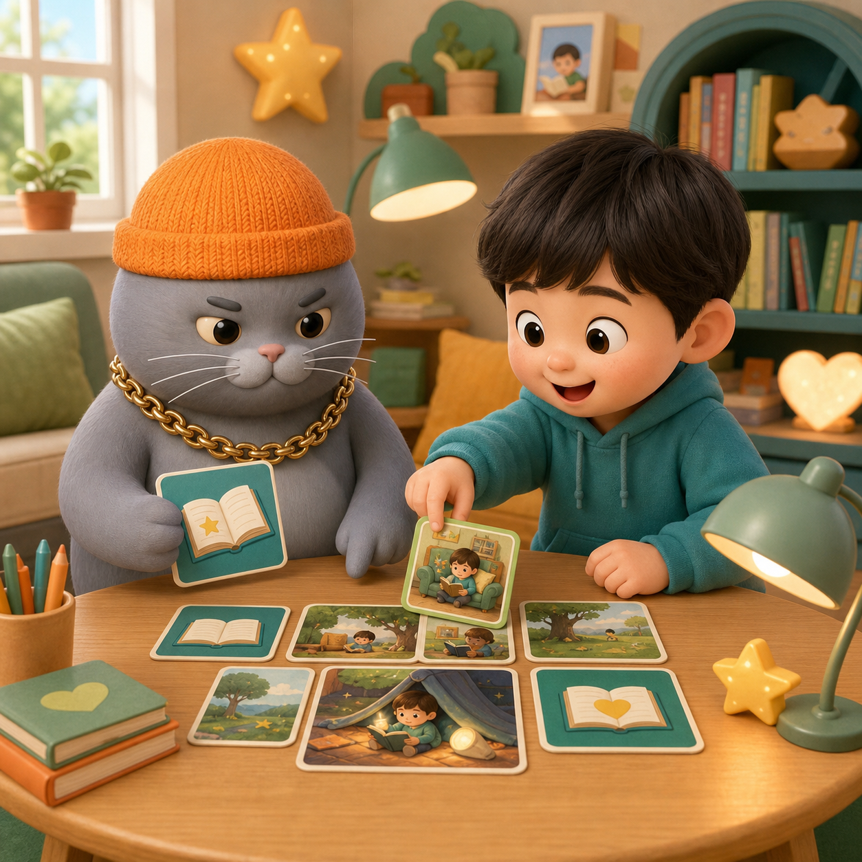 MC BUTTER and a child playing a reading matching game
