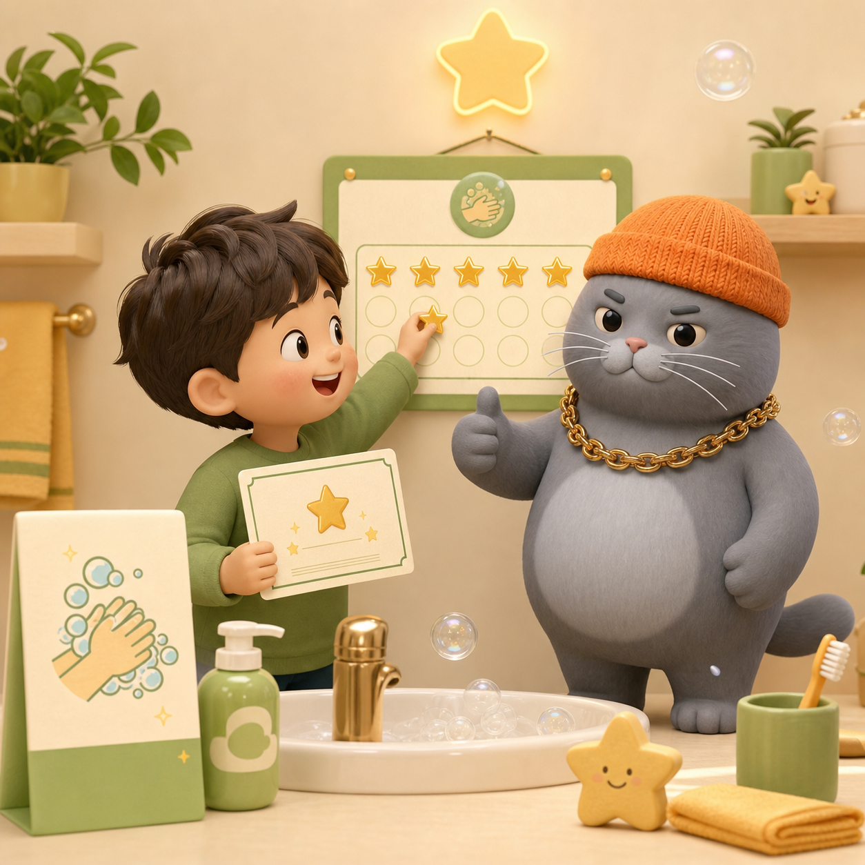 MC BUTTER celebrating a child's handwashing progress