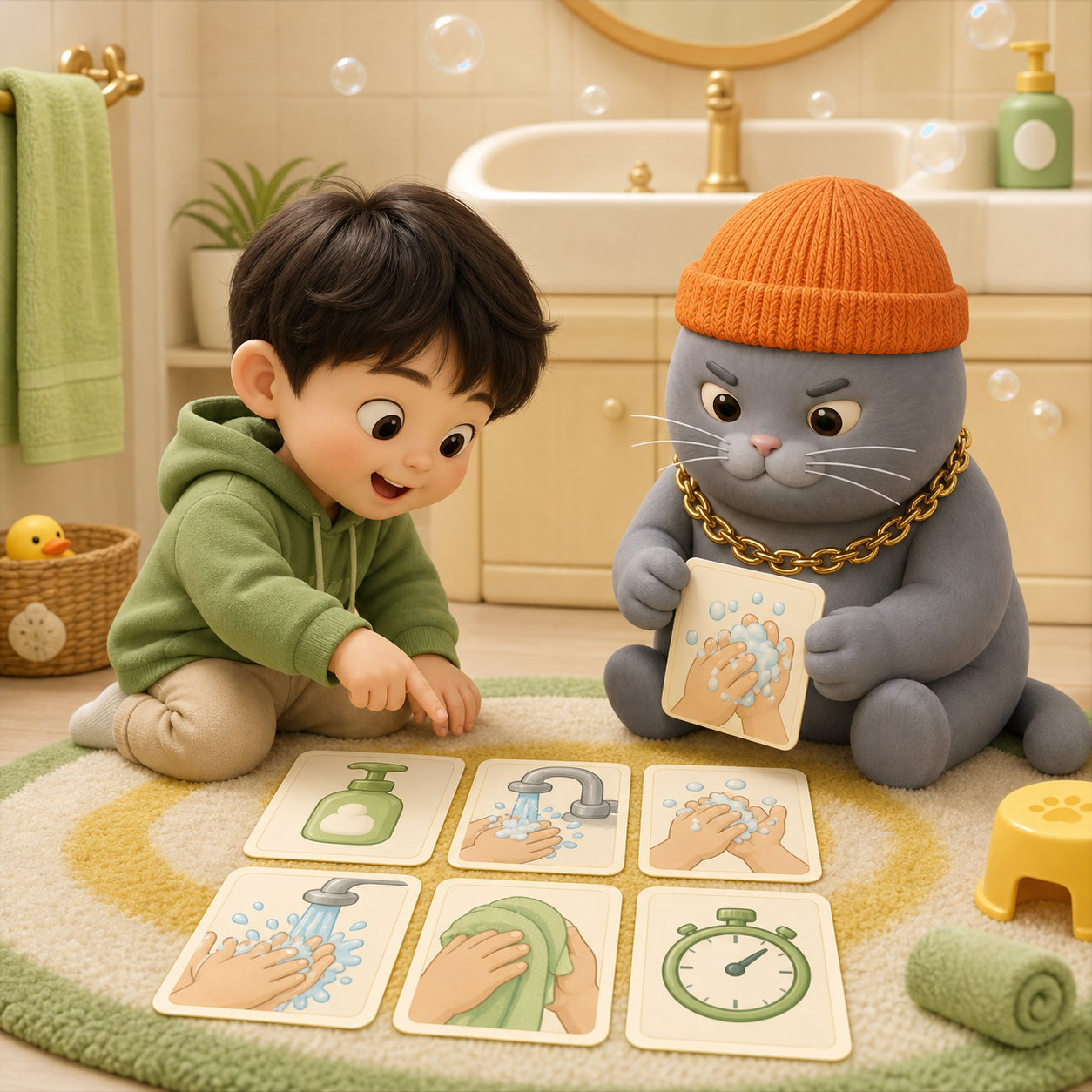 MC BUTTER and a child playing a handwashing matching game