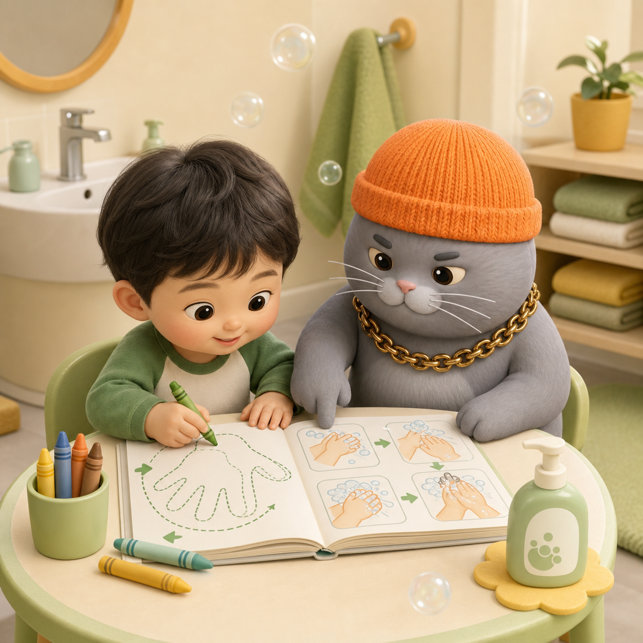 MC BUTTER helping a child practice handwashing in a workbook