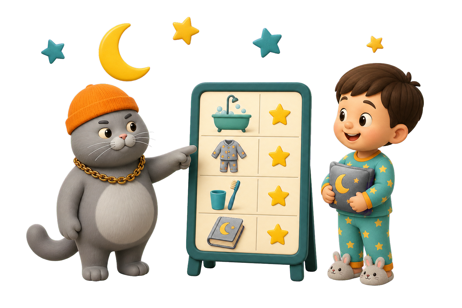 MC BUTTER guiding a child through bedtime routine tasks