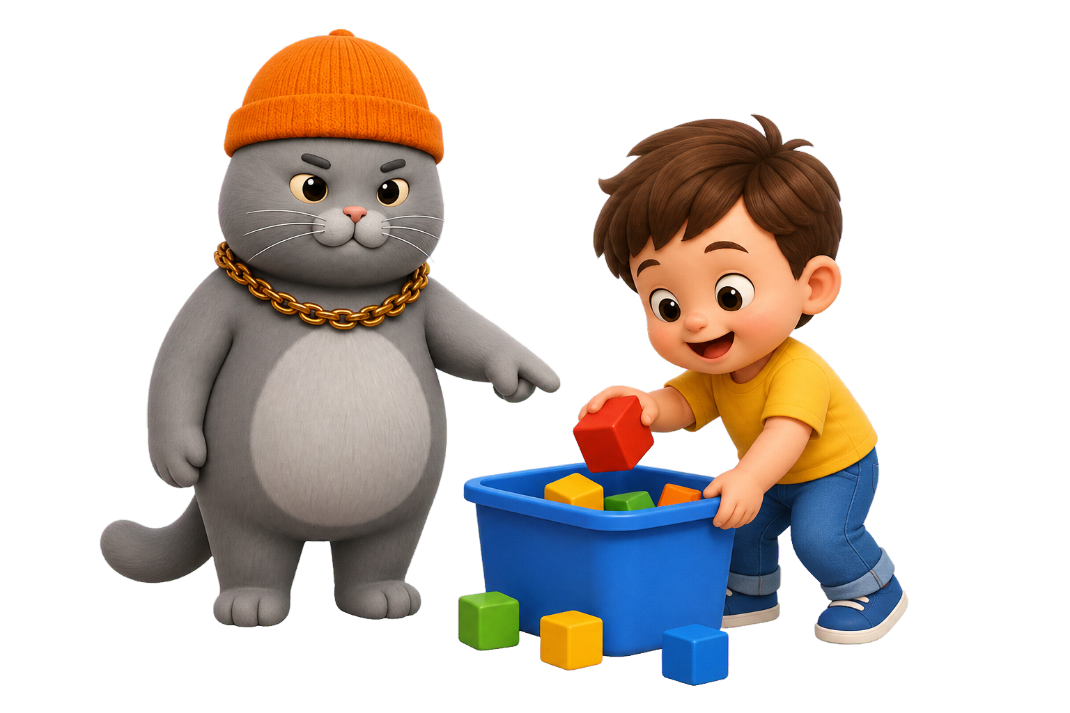 MC BUTTER helping a child clean up toys